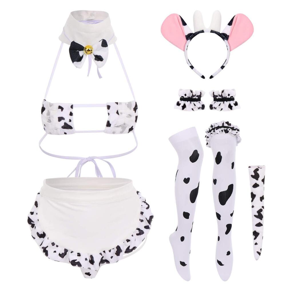 5902 Cute Cow Anime Cosplay Maid Outfit Micro Apron Ear Headband Stocking